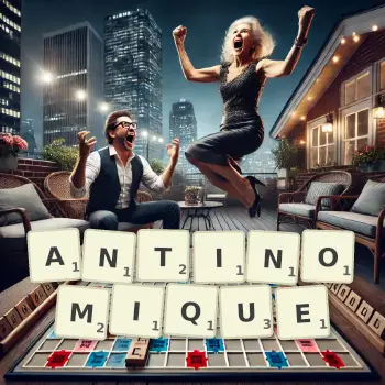 Illustration créative d'un jeu de lettres avec le mot ANTINOMIQUE épelé sur le plateau.