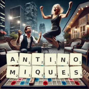 Illustration créative d'un jeu de lettres avec le mot ANTINOMIQUES épelé sur le plateau.