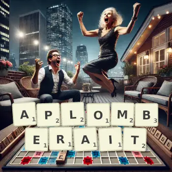 Illustration créative d'un jeu de lettres avec le mot APLOMBERAIT épelé sur le plateau.