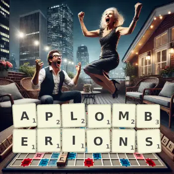 Illustration créative d'un jeu de lettres avec le mot APLOMBERIONS épelé sur le plateau.