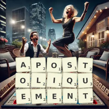 Illustration créative d'un jeu de lettres avec le mot APOSTOLIQUEMENT épelé sur le plateau.