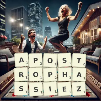 Illustration créative d'un jeu de lettres avec le mot APOSTROPHASSIEZ épelé sur le plateau.