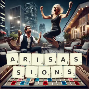 Illustration créative d'un jeu de lettres avec le mot ARISASSIONS épelé sur le plateau.