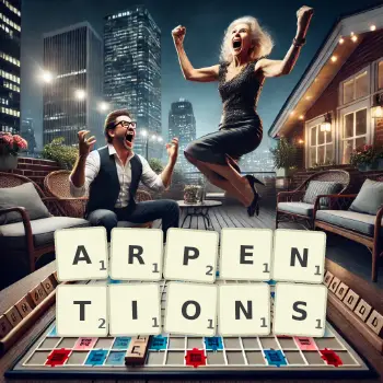 Illustration créative d'un jeu de lettres avec le mot ARPENTIONS épelé sur le plateau.