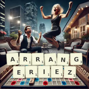Illustration créative d'un jeu de lettres avec le mot ARRANGERIEZ épelé sur le plateau.