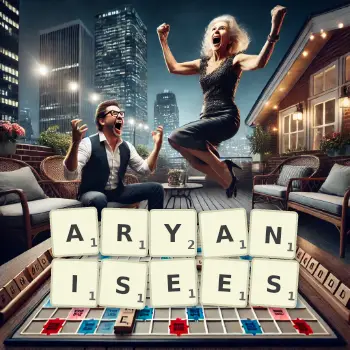 Illustration créative d'un jeu de lettres avec le mot ARYANISEES épelé sur le plateau.