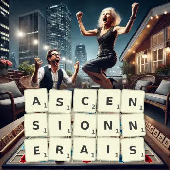 Illustration créative d'un jeu de lettres avec le mot ASCENSIONNERAIS épelé sur le plateau.