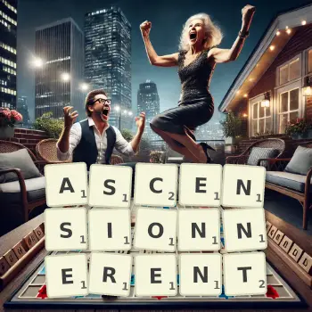 Illustration créative d'un jeu de lettres avec le mot ASCENSIONNERENT épelé sur le plateau.