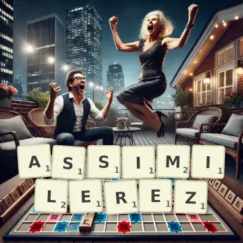 Illustration créative d'un jeu de lettres avec le mot ASSIMILEREZ épelé sur le plateau.