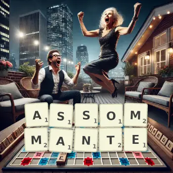 Illustration créative d'un jeu de lettres avec le mot ASSOMMANTE épelé sur le plateau.