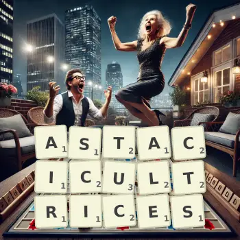 Illustration créative d'un jeu de lettres avec le mot ASTACICULTRICES épelé sur le plateau.