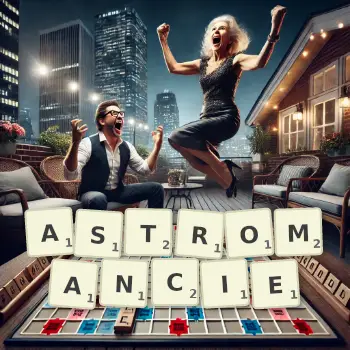 Illustration créative d'un jeu de lettres avec le mot ASTROMANCIE épelé sur le plateau.