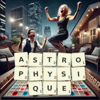 Illustration créative d'un jeu de lettres avec le mot ASTROPHYSIQUE épelé sur le plateau.
