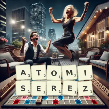 Illustration créative d'un jeu de lettres avec le mot ATOMISEREZ épelé sur le plateau.