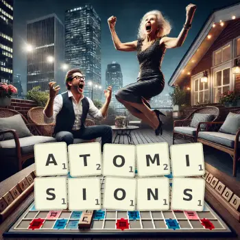Illustration créative d'un jeu de lettres avec le mot ATOMISIONS épelé sur le plateau.