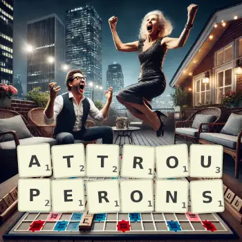 Illustration créative d'un jeu de lettres avec le mot ATTROUPERONS épelé sur le plateau.