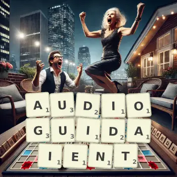 Illustration créative d'un jeu de lettres avec le mot AUDIOGUIDAIENT épelé sur le plateau.