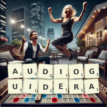 Illustration créative d'un jeu de lettres avec le mot AUDIOGUIDERA épelé sur le plateau.