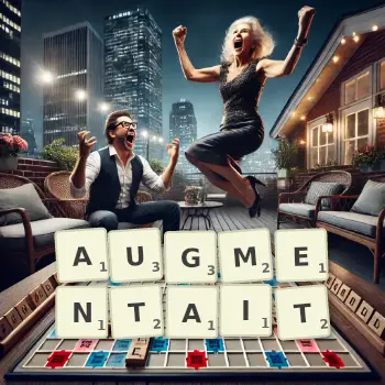 Illustration créative d'un jeu de lettres avec le mot AUGMENTAIT épelé sur le plateau.