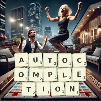 Illustration créative d'un jeu de lettres avec le mot AUTOCOMPLETION épelé sur le plateau.