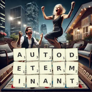 Illustration créative d'un jeu de lettres avec le mot AUTODETERMINANT épelé sur le plateau.