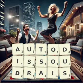 Illustration créative d'un jeu de lettres avec le mot AUTODISSOUDRAIS épelé sur le plateau.