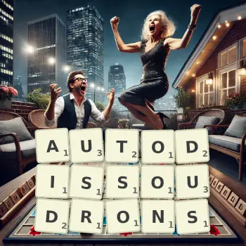 Illustration créative d'un jeu de lettres avec le mot AUTODISSOUDRONS épelé sur le plateau.