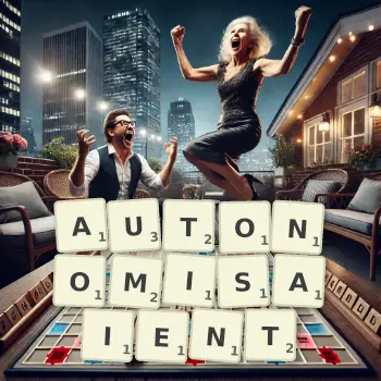Illustration créative d'un jeu de lettres avec le mot AUTONOMISAIENT épelé sur le plateau.