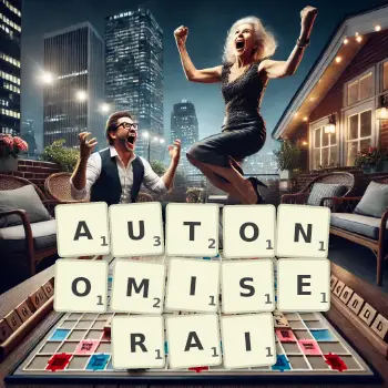 Illustration créative d'un jeu de lettres avec le mot AUTONOMISERAI épelé sur le plateau.