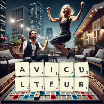 Illustration créative d'un jeu de lettres avec le mot AVICULTEUR épelé sur le plateau.