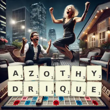 Illustration créative d'un jeu de lettres avec le mot AZOTHYDRIQUE épelé sur le plateau.