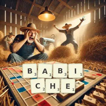 Illustration créative d'un jeu de lettres avec le mot BABICHE épelé sur le plateau.