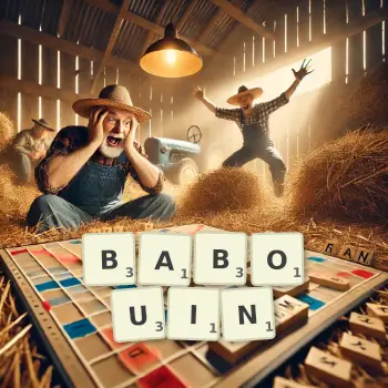 Illustration créative d'un jeu de lettres avec le mot BABOUIN épelé sur le plateau.