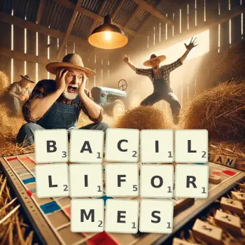 Illustration créative d'un jeu de lettres avec le mot BACILLIFORMES épelé sur le plateau.