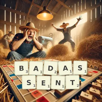 Illustration créative d'un jeu de lettres avec le mot BADASSENT épelé sur le plateau.