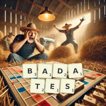 Illustration créative d'un jeu de lettres avec le mot BADATES épelé sur le plateau.