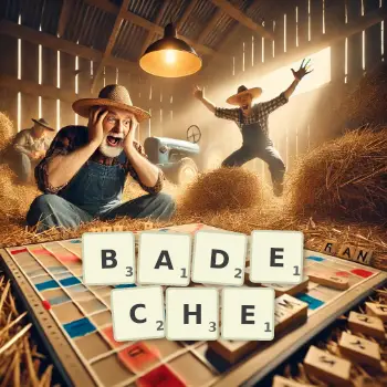 Illustration créative d'un jeu de lettres avec le mot BADECHE épelé sur le plateau.