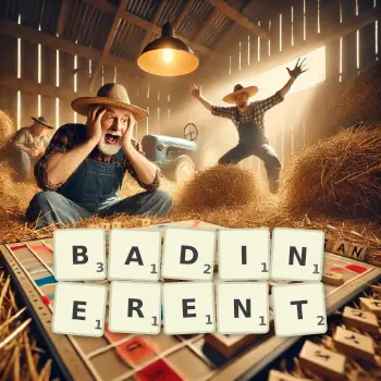 Illustration créative d'un jeu de lettres avec le mot BADINERENT épelé sur le plateau.