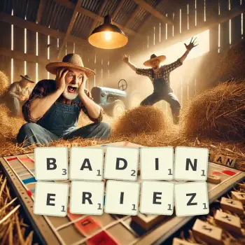 Illustration créative d'un jeu de lettres avec le mot BADINERIEZ épelé sur le plateau.