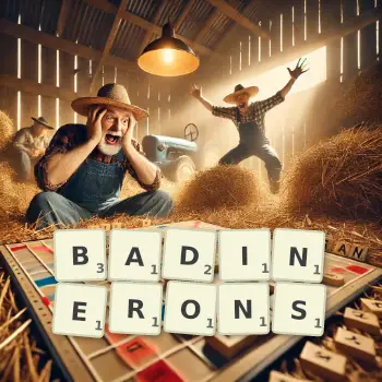 Illustration créative d'un jeu de lettres avec le mot BADINERONS épelé sur le plateau.