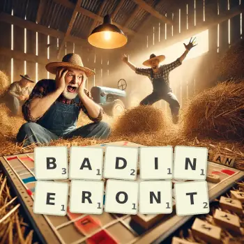 Illustration créative d'un jeu de lettres avec le mot BADINERONT épelé sur le plateau.