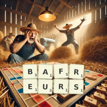 Illustration créative d'un jeu de lettres avec le mot BAFREURS épelé sur le plateau.
