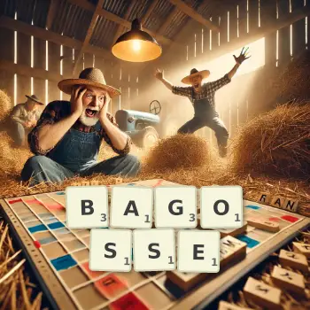 Illustration créative d'un jeu de lettres avec le mot BAGOSSE épelé sur le plateau.