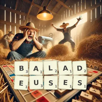 Illustration créative d'un jeu de lettres avec le mot BALADEUSES épelé sur le plateau.