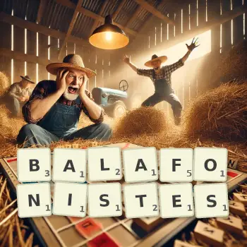 Illustration créative d'un jeu de lettres avec le mot BALAFONISTES épelé sur le plateau.