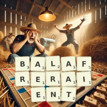 Illustration créative d'un jeu de lettres avec le mot BALAFRERAIENT épelé sur le plateau.