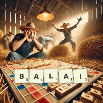 Illustration créative d'un jeu de lettres avec le mot BALAI épelé sur le plateau.