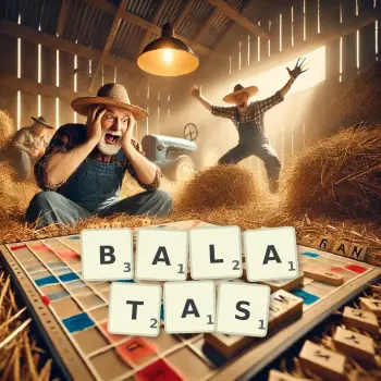Illustration créative d'un jeu de lettres avec le mot BALATAS épelé sur le plateau.