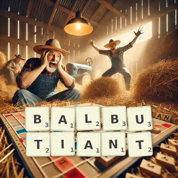 Illustration créative d'un jeu de lettres avec le mot BALBUTIANT épelé sur le plateau.