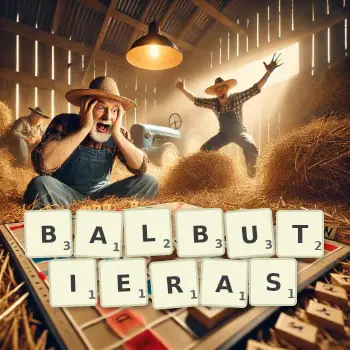 Illustration créative d'un jeu de lettres avec le mot BALBUTIERAS épelé sur le plateau.